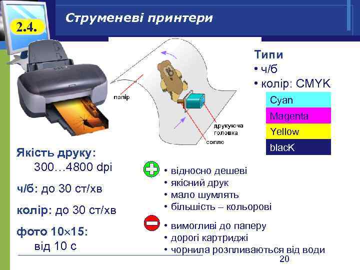 2. 4. Струменеві принтери Типи • ч/б • колір: CMYK Cyan Magenta Yellow Якість