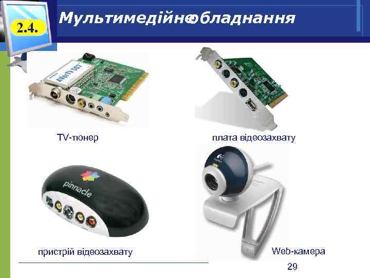 2. 4. Мультимедійне обладнання TV-тюнер пристрій відеозахвату плата відеозахвату Web-камера 29 