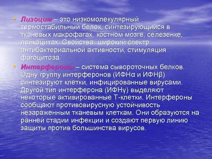  • Лизоцим – это низкомолекулярный • термостабильный белок, синтезирующийся в тканевых макрофагах, костном