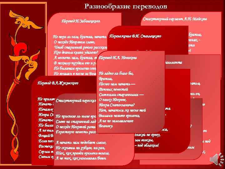 Разнообразие переводов Перевод Н. Заболоцкого. Стихотворный вариант А. Н. Майкова Не начать Не пора