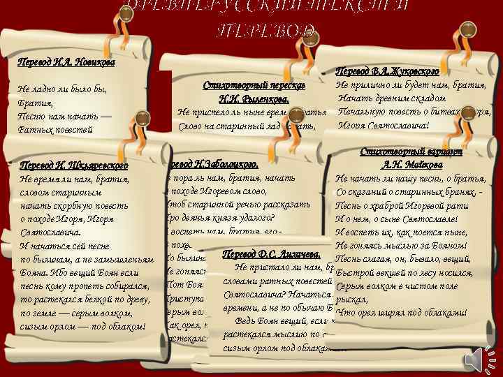 ДРЕВНЕРУССКИЙ ТЕКСТ И ПЕРЕВОД Перевод И. А. Новикова Перевод В. А. Жуковского Не прилично