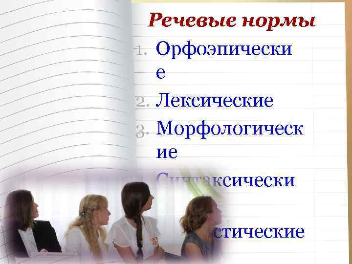Речевые нормы 1. Орфоэпически е 2. Лексические 3. Морфологическ ие 4. Синтаксически е 5.