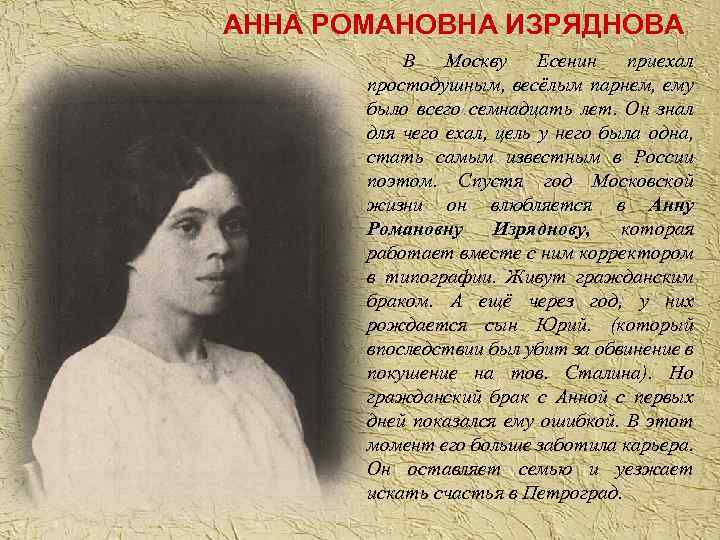 АННА РОМАНОВНА ИЗРЯДНОВА В Москву Есенин приехал простодушным, весёлым парнем, ему было всего семнадцать