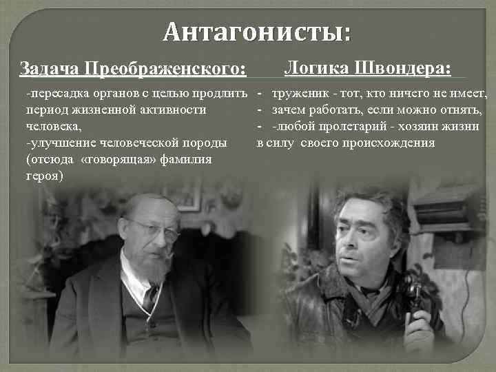 Антагонисты: Задача Преображенского: пересадка органов с целью продлить период жизненной активности человека, улучшение человеческой