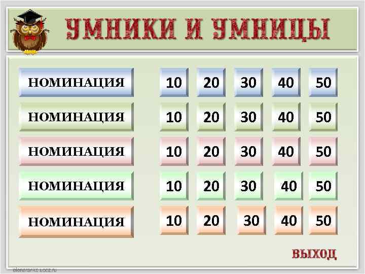 НОМИНАЦИЯ 10 20 30 40 50 НОМИНАЦИЯ 10 20 30 40 50 