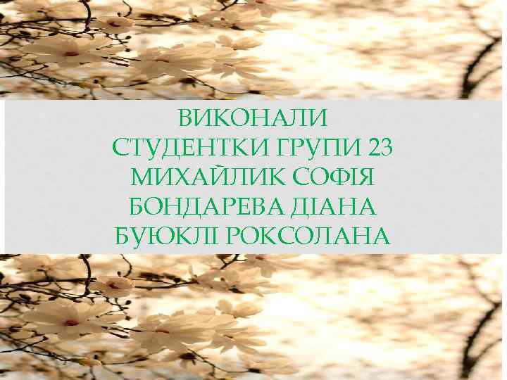 ВИКОНАЛИ СТУДЕНТКИ ГРУПИ 23 МИХАЙЛИК СОФІЯ БОНДАРЕВА ДІАНА БУЮКЛІ РОКСОЛАНА 