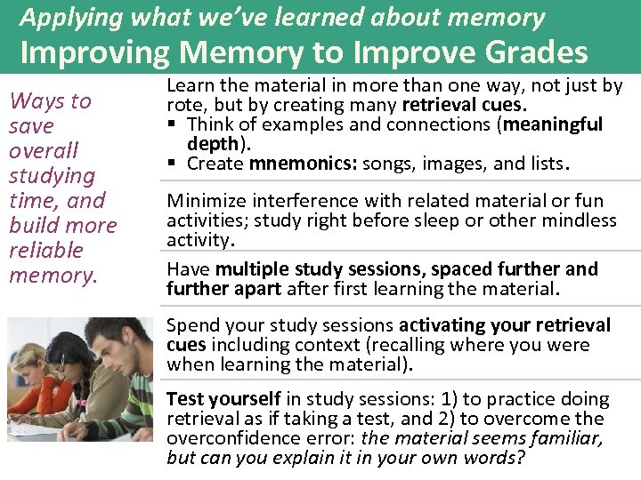Applying what we’ve learned about memory Improving Memory to Improve Grades Ways to save