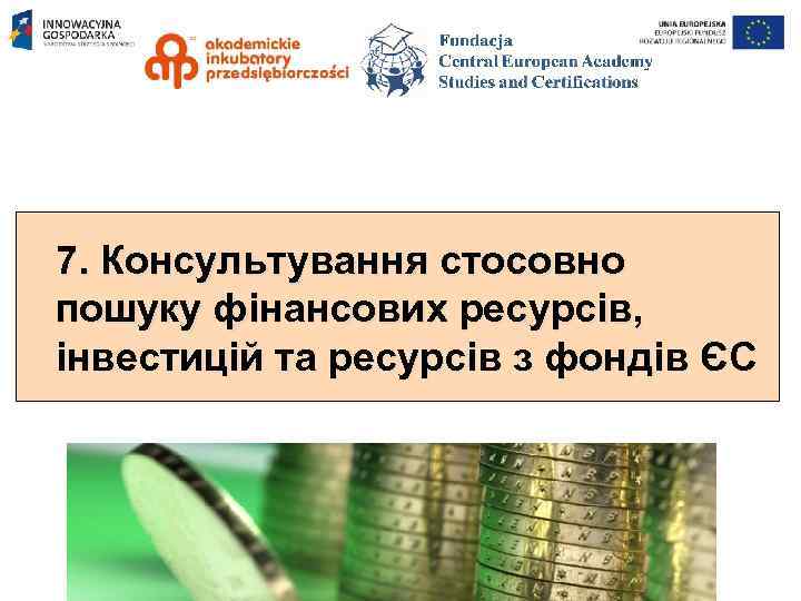 7. Консультування стосовно пошуку фінансових ресурсів, інвестицій та ресурсів з фондів ЄС 