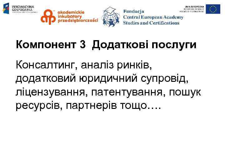 Компонент 3 Додаткові послуги Консалтинг, аналіз ринків, додатковий юридичний супровід, ліцензування, патентування, пошук ресурсів,