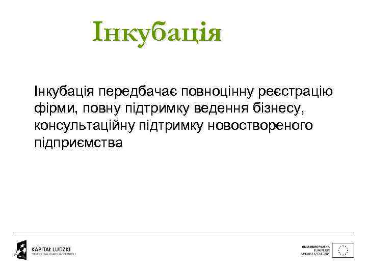 Інкубація передбачає повноцінну реєстрацію фірми, повну підтримку ведення бізнесу, консультаційну підтримку новоствореного підприємства 