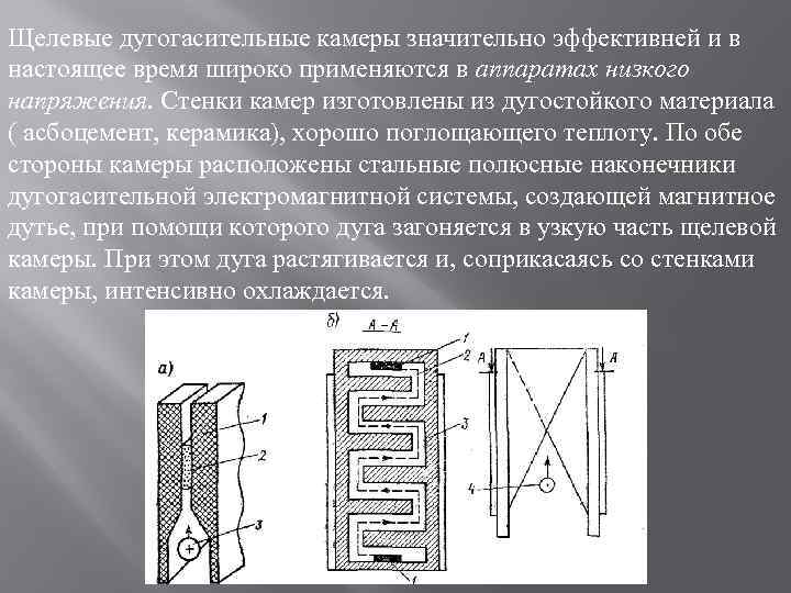 Щелевые дугогасительные камеры значительно эффективней и в настоящее время широко применяются в аппаратах низкого