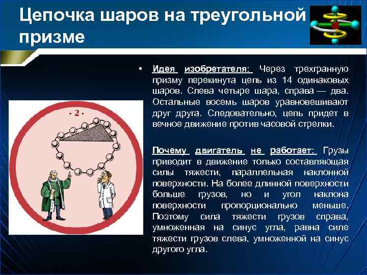 Цепочка шаров на треугольной призме • Идея изобретателя: Через трехгранную призму перекинута цепь из
