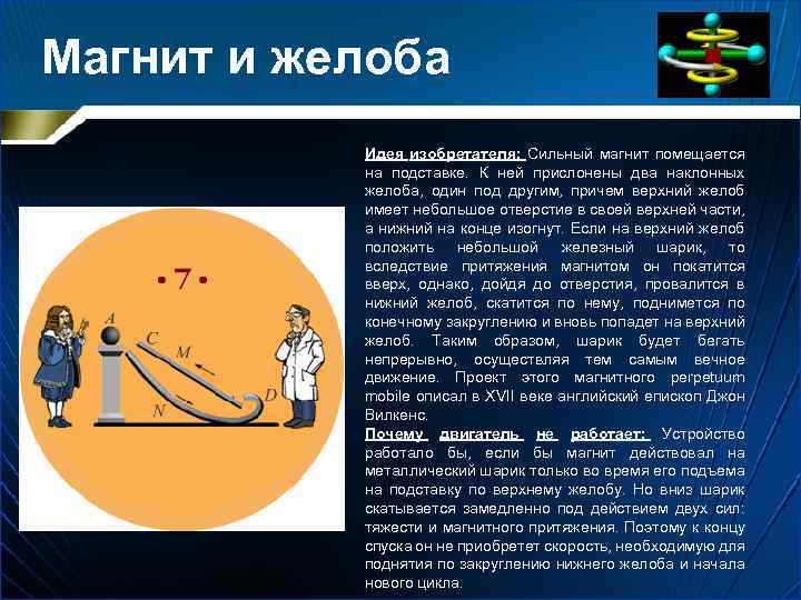 Магнит и желоба Идея изобретателя: Сильный магнит помещается на подставке. К ней прислонены два