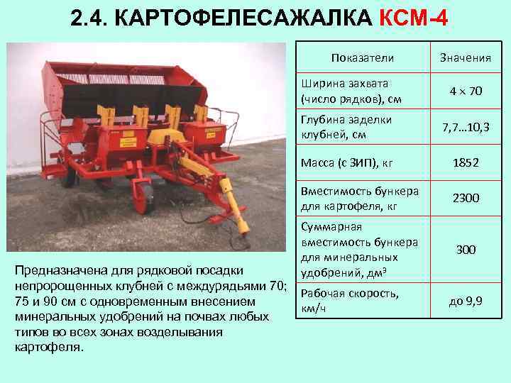 2. 4. КАРТОФЕЛЕСАЖАЛКА КСМ-4 Показатели Ширина захвата (число рядков), см Значения 4 70 Глубина