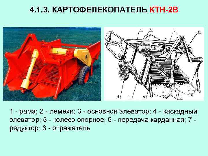 4. 1. 3. КАРТОФЕЛЕКОПАТЕЛЬ КТН-2 В 1 - рама; 2 - лемехи; 3 -