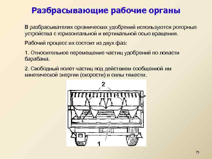 Разбрасывающие рабочие органы В разбрасывателях органических удобрений используются роторные устройства с горизонтальной и вертикальной
