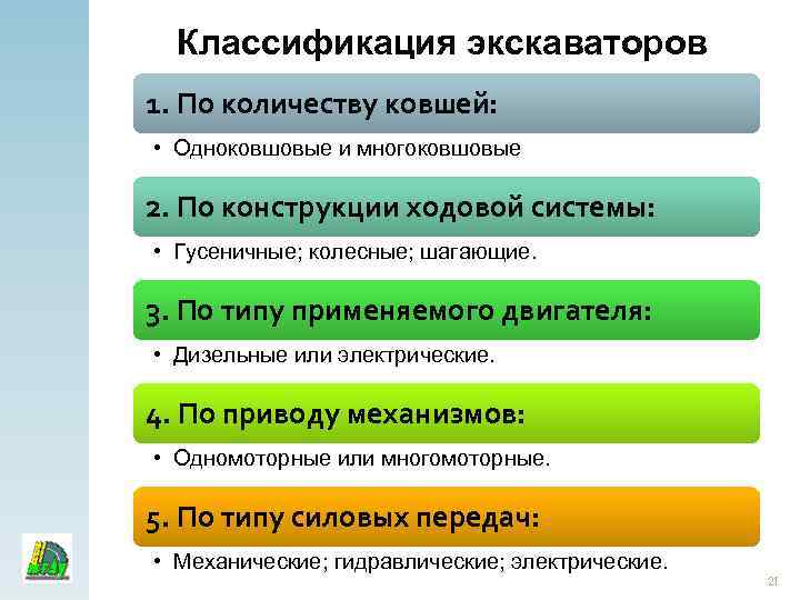 Классификация экскаваторов 1. По количеству ковшей: • Одноковшовые и многоковшовые 2. По конструкции ходовой