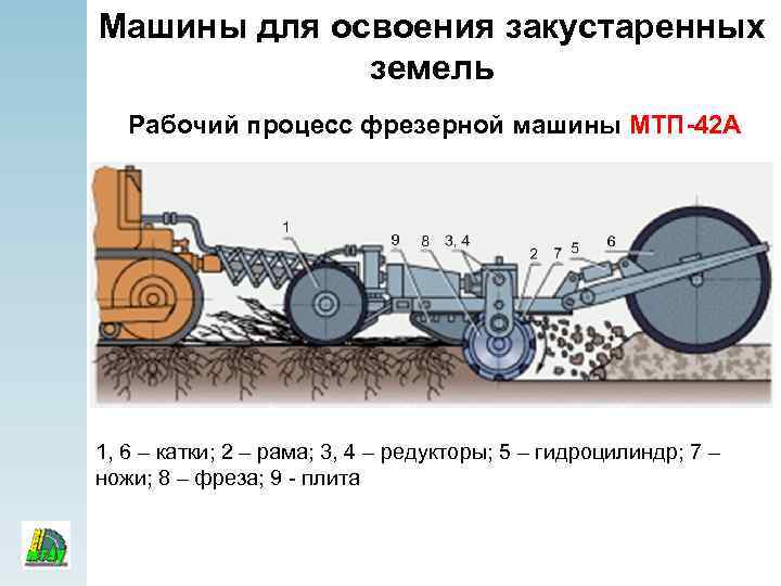 Машины для освоения закустаренных земель Рабочий процесс фрезерной машины МТП-42 А 1, 6 –