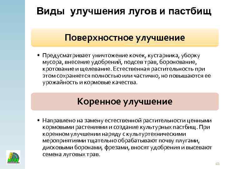 Мероприятия по улучшение земли. Коренное и поверхностное улучшение кормовых угодий. Коренное улучшение Сенокосов и пастбищ. Улучшения природных кормовых угодий.