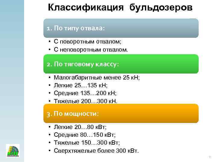 Классификация бульдозеров 1. По типу отвала: • С поворотным отвалом; • С неповоротным отвалом.