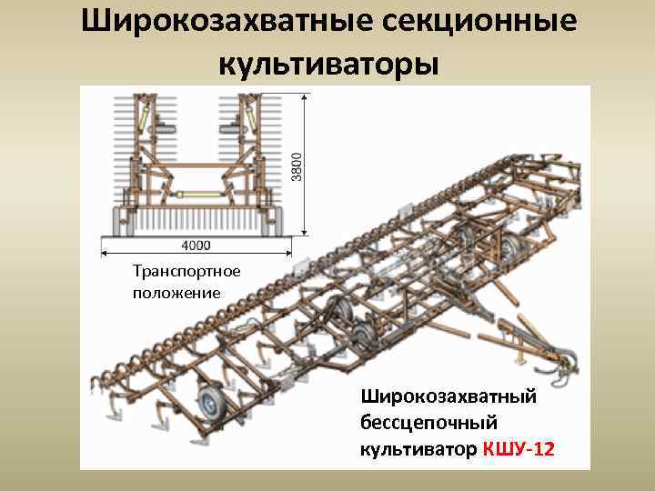 Широкозахватные секционные культиваторы Транспортное положение Широкозахватный бессцепочный культиватор КШУ-12 