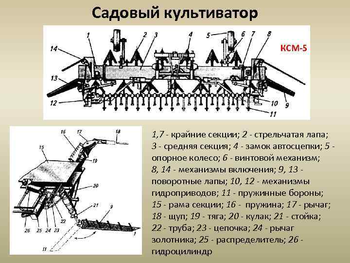 Садовый культиватор КСМ-5 1, 7 - крайние секции; 2 - стрельчатая лапа; 3 -