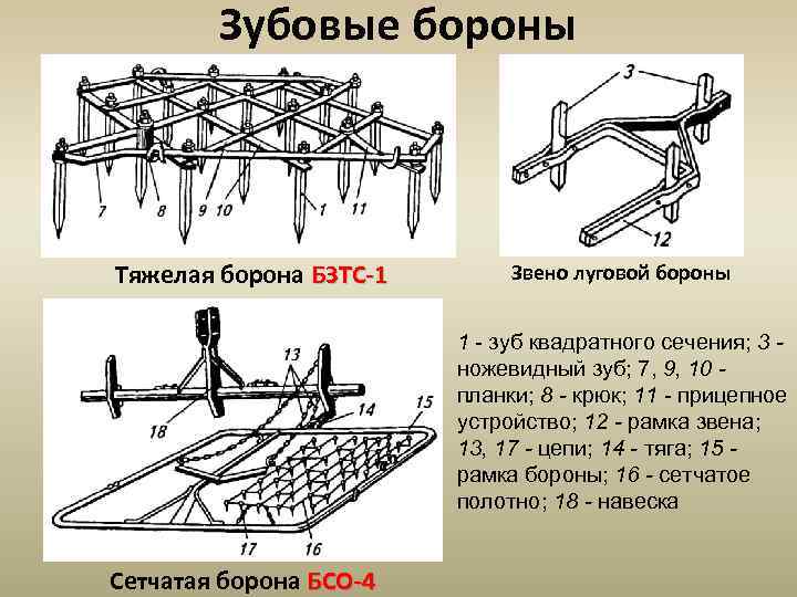 Зубовые бороны Тяжелая борона БЗТС-1 Звено луговой бороны 1 - зуб квадратного сечения; 3