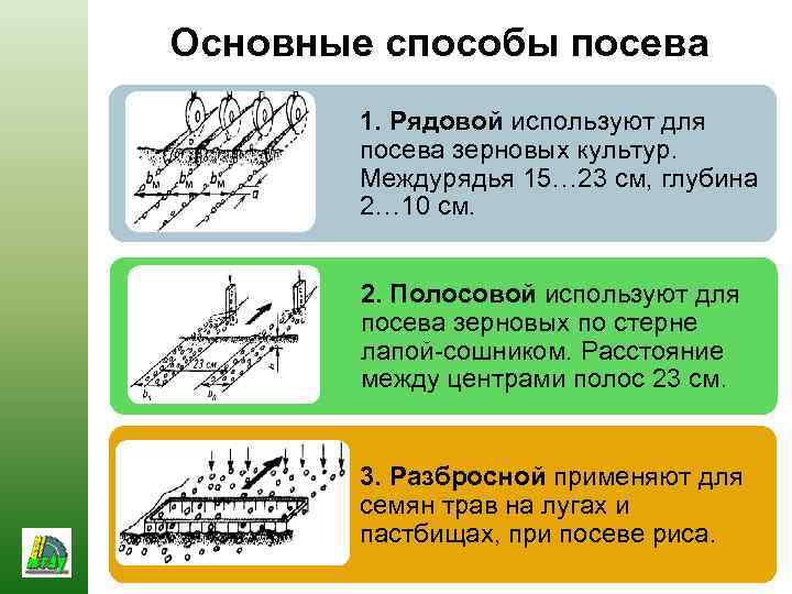 Основные способы посева 1. Рядовой используют для посева зерновых культур. Междурядья 15… 23 см,