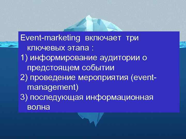 Event-marketing включает три ключевых этапа : 1) информирование аудитории о предстоящем событии 2) проведение