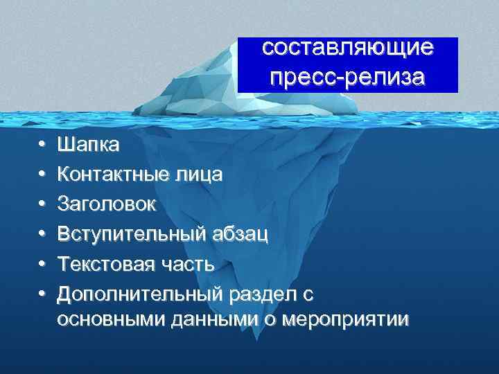 составляющие пресс-релиза • • • Шапка Контактные лица Заголовок Вступительный абзац Текстовая часть Дополнительный