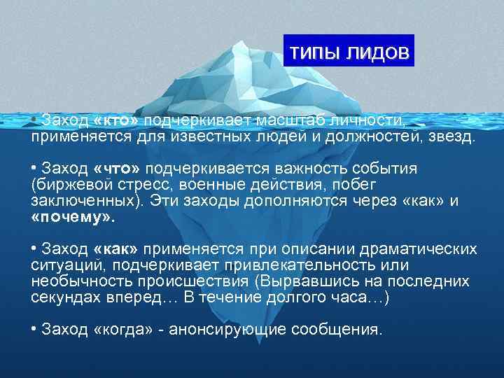 типы лидов • Заход «кто» подчеркивает масштаб личности, применяется для известных людей и должностей,