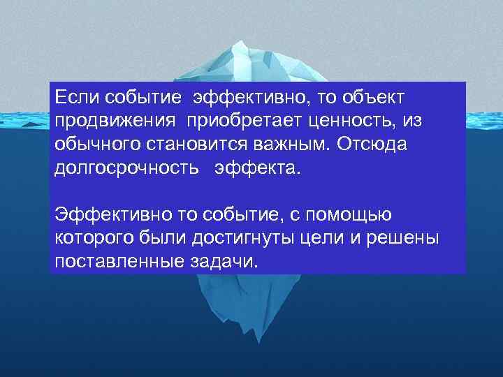 Если событие эффективно, то объект продвижения приобретает ценность, из обычного становится важным. Отсюда долгосрочность