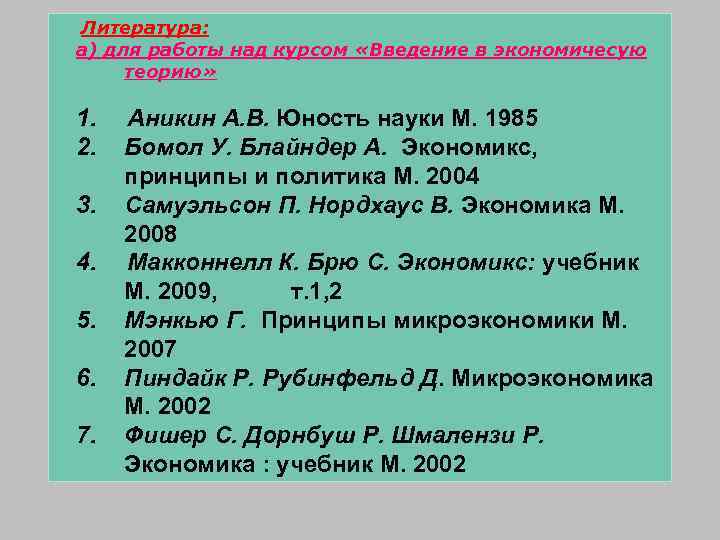Литература: а) для работы над курсом «Введение в экономичесую теорию» 1. 2. 3. 4.