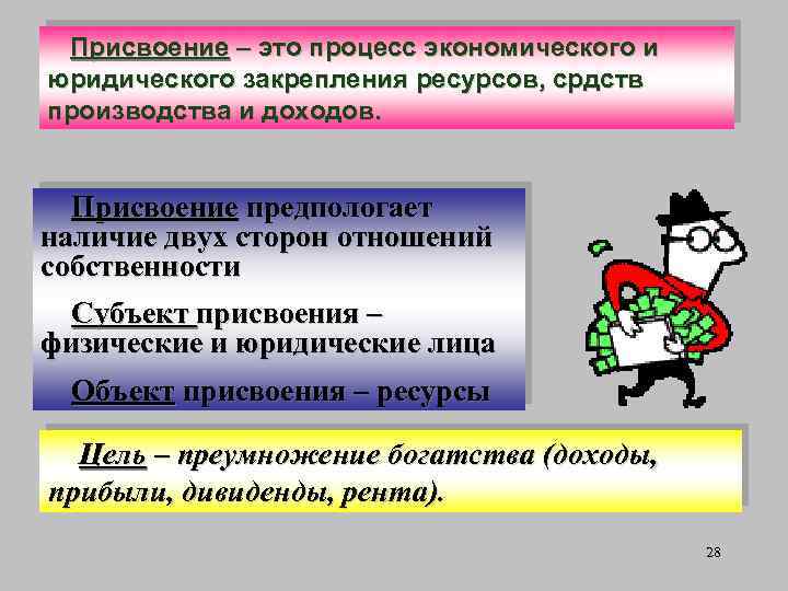 Присвоение – это процесс экономического и юридического закрепления ресурсов, срдств производства и доходов. Присвоение