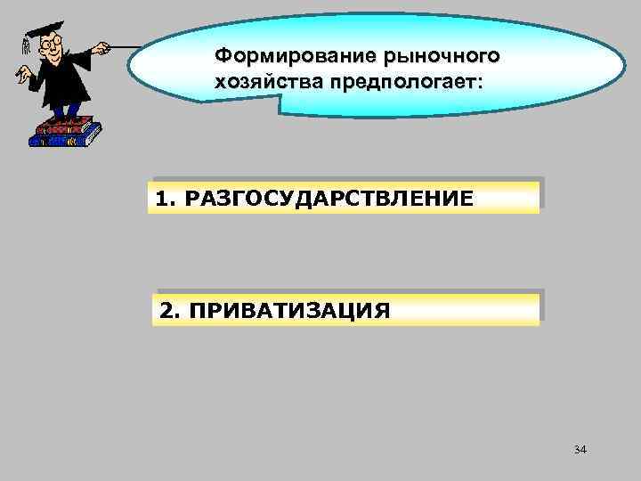 Формирование рыночного хозяйства предпологает: 1. РАЗГОСУДАРСТВЛЕНИЕ 2. ПРИВАТИЗАЦИЯ 34 