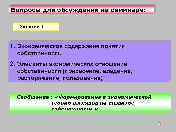 Вопросы для обсуждения на семинаре: Занятие 1. Экономическое содержание понятия собственность 2. Элементы экономических