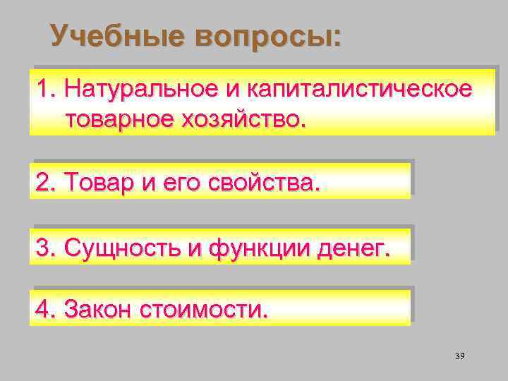 Учебные вопросы: 1. Натуральное и капиталистическое товарное хозяйство. 2. Товар и его свойства. 3.