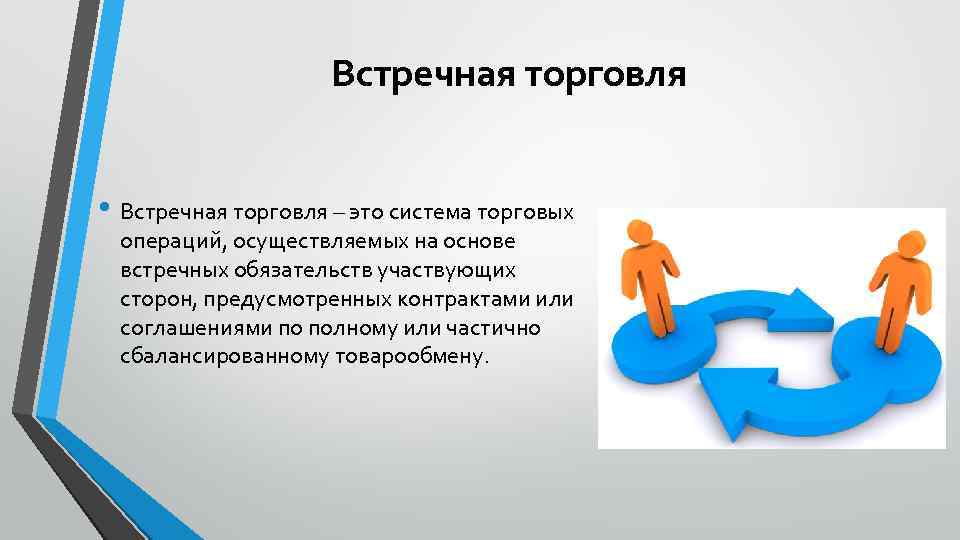 Встречная торговля • Встречная торговля – это система торговых операций, осуществляемых на основе встречных