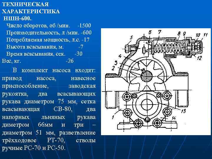 ТЕХНИЧЕСКАЯ ХАРАКТЕРИСТИКА НШН-600. Число оборотов, об /мин. -1500 Производительность, л /мин. -600 Потребляемая мощность,