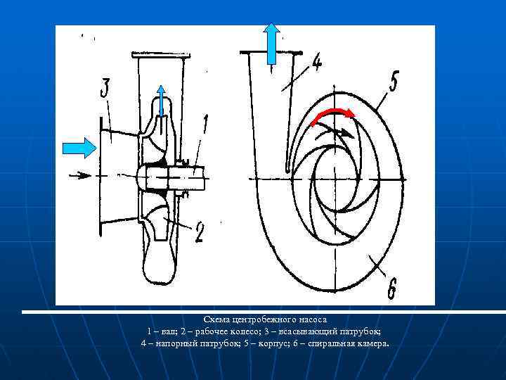  Схема центробежного насоса 1 – вал; 2 – рабочее колесо; 3 – всасывающий