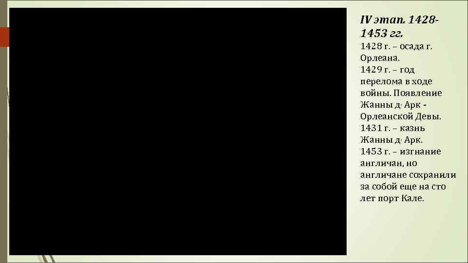 IV этап. 14281453 гг. 1428 г. – осада г. Орлеана. 1429 г. – год
