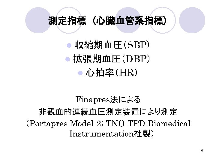 測定指標 (心臓血管系指標) l 収縮期血圧（SBP) l 拡張期血圧（DBP） l 心拍率（HR） Finapres法による 非観血的連続血圧測定装置により測定 （Portapres Model-2; TNO-TPD Biomedical