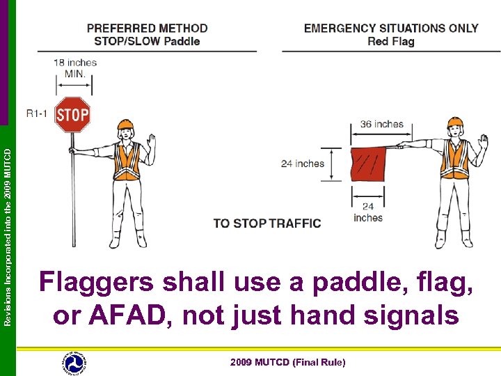 Revisions Incorporated into the 2009 MUTCD Flaggers shall use a paddle, flag, or AFAD,