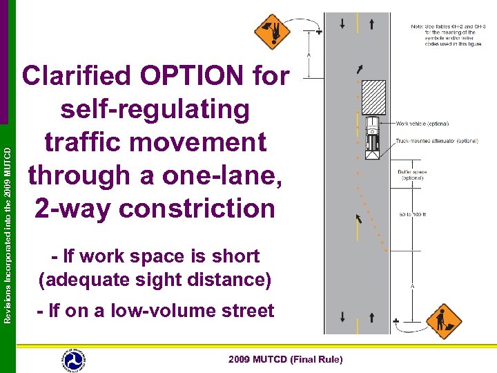 Revisions Incorporated into the 2009 MUTCD Clarified OPTION for self-regulating traffic movement through a