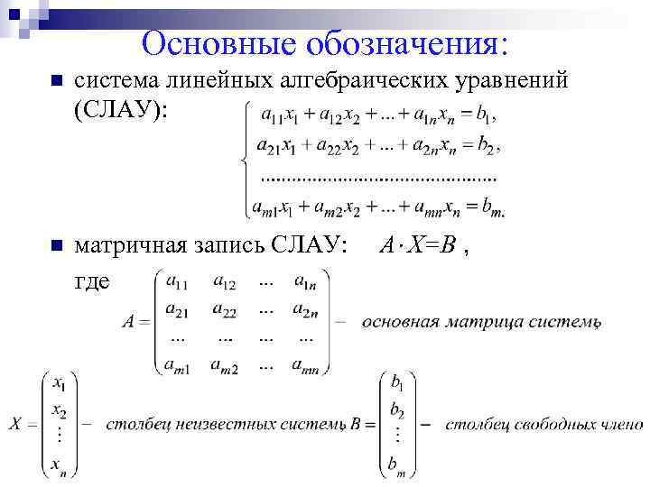 Основные обозначения: n система линейных алгебраических уравнений (СЛАУ): матричная запись СЛАУ: А Х=В ,