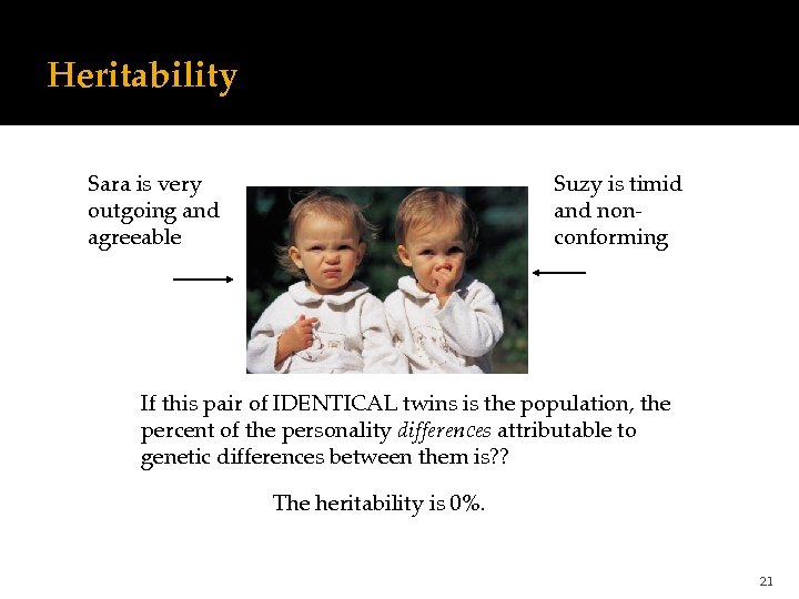 Heritability Sara is very outgoing and agreeable Suzy is timid and nonconforming If this
