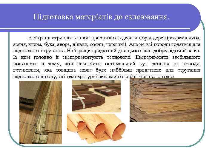 Підготовка матеріалів до склеювання. В Україні стругають шпон приблизно із десяти порід дерев (зокрема