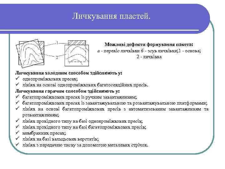 Личкування пластей. Можливі дефекти формування пакета: а перекіс личківки б зсув личківки; 1 основа;