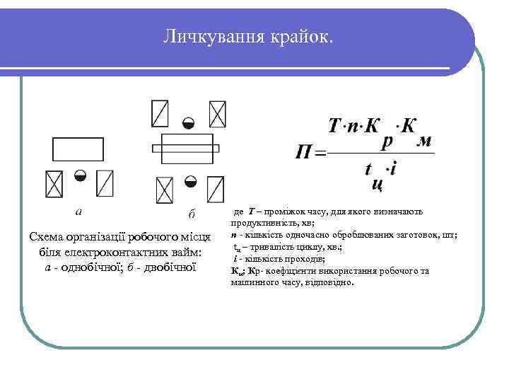 Личкування крайок. Схема організації робочого місця біля електроконтактних вайм: а однобічної; б двобічної де