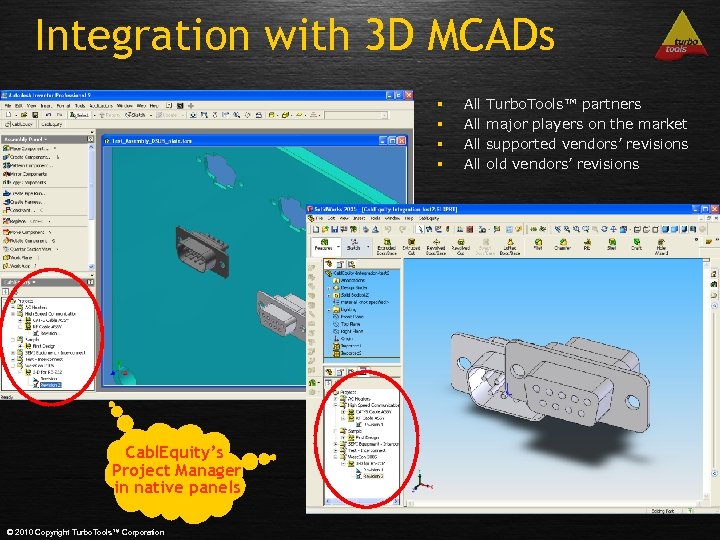 Integration with 3 D MCADs § § Cabl. Equity’s Project Manager in native panels